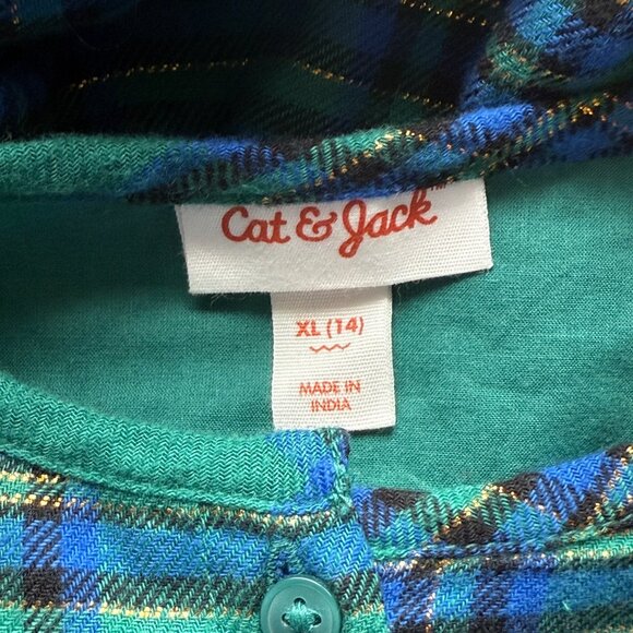 Cat & Jack Girls Plaid Tiered Ruffle Long-Sleeve Dress Green Blue XL (14) - Picture 4 of 5